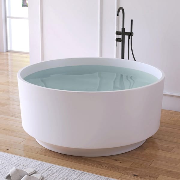 49.2 in. x 49.2 in. Round Stone Resin Solid Surface Flatbottom Freestanding Soaking Bathtub in Matte White