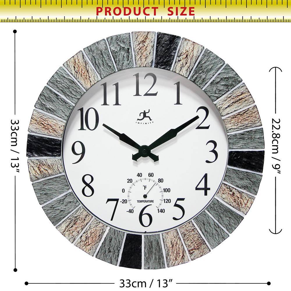 13" Faux Slate Frame Indoor/Outdoor Wall Clock with Thermometer