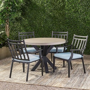 Delmar Light Grey and Black 5-Piece Stone and Metal Round Outdoor Dining Set with Light Teal Cushions