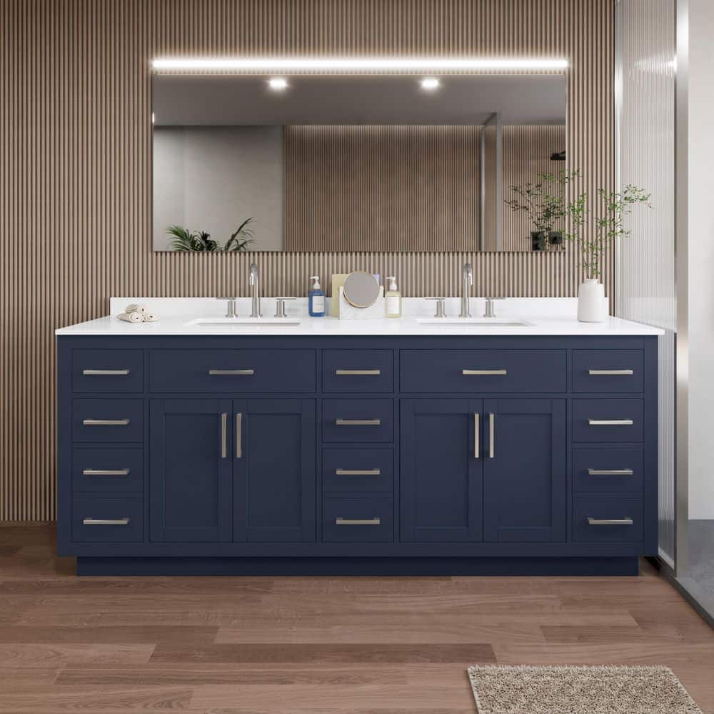 Beckett TK 84 in. W x 22 in. D x 35 in. H Double Sink Bath Vanity in Dark Blue with Brushed Nickel Trim White Quartz Top price history on PriceWatchPro