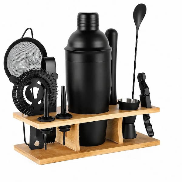 11-Piece Black Stainless Steel Cocktail Shaker Set with Bamboo Stand and Bartender Tools