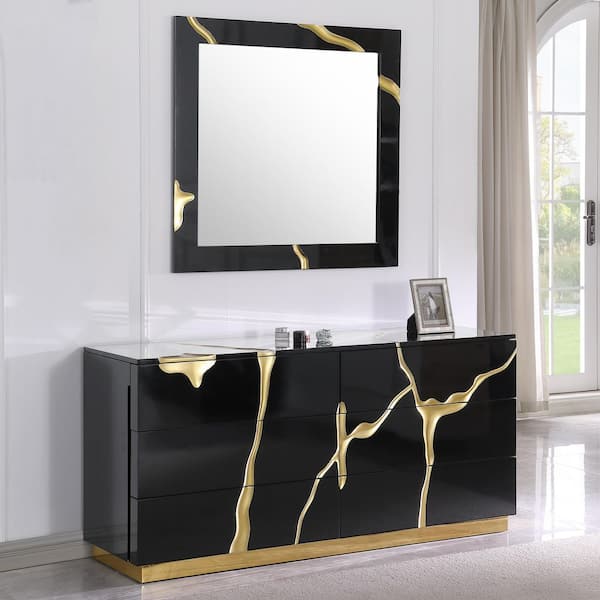 Eclipse 65 in. W Black Modern 6-Drawer Dresser with Gold