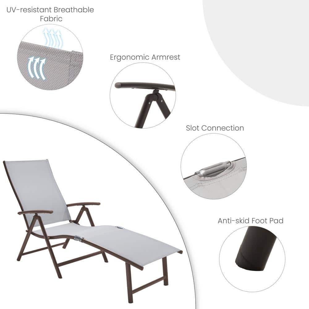 Light Gray Aluminum Outdoor Chaise Lounge Set with Folding Table