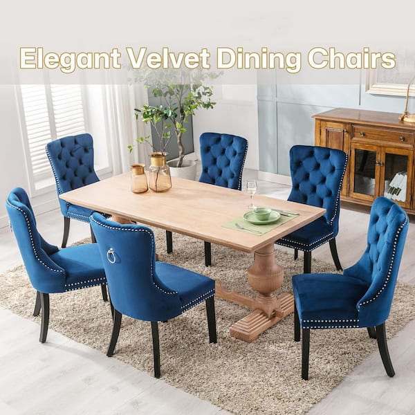 SMUGDESK Blue Velvet Upholstered Dining Chair (Set of 6) Wing Back