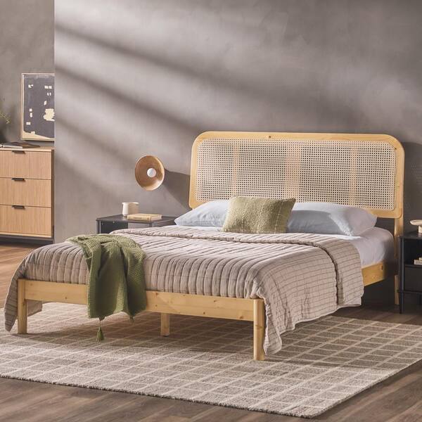 Boho Beige Solid Wood Frame Queen Platform Bed with Rattan Headboard Insert HD9902