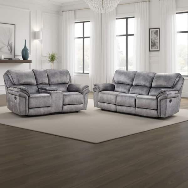 Benjara Arisa Gray and Black Faux Leather Glider Sofa and Loveseat