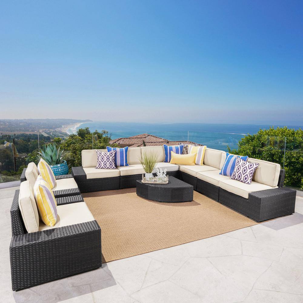 Gray Iron 9-Seater Outdoor Sectional Sofa Set with White Cushions