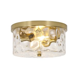 9.8 in. 2-Light Gold Flush Mount Ceiling Light with Clear Hammered Glass