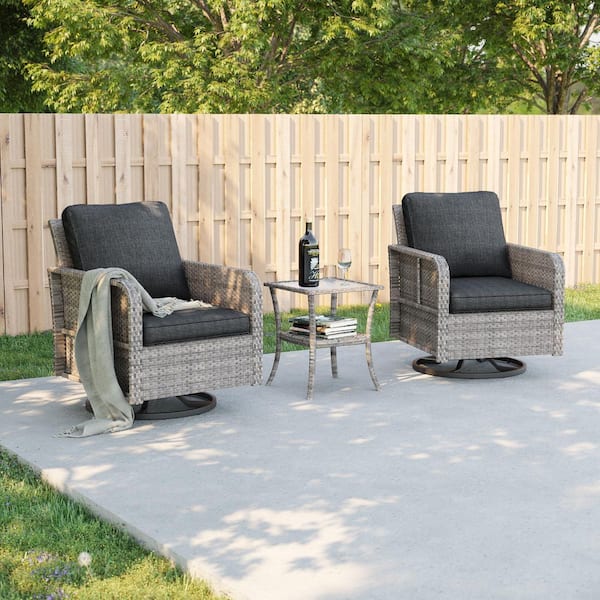 Sonkuki 3-Piece Gray Wicker Patio Swivel Rocking Chairs with Side Table Navy Blue Cushion