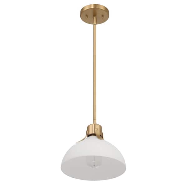 Robert Stevenson Lighting Delano 1-Light Brushed Gold and White Pendant Light with Metal and Etched Glass Shade, No Bulbs Included