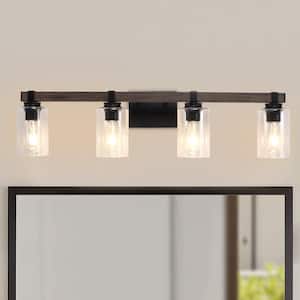 34.64 in. 4-Light Black and Imitation Wood Grain Modern Adjustable Wall Sconce Bathroom Vanity-Light with Glass Shade