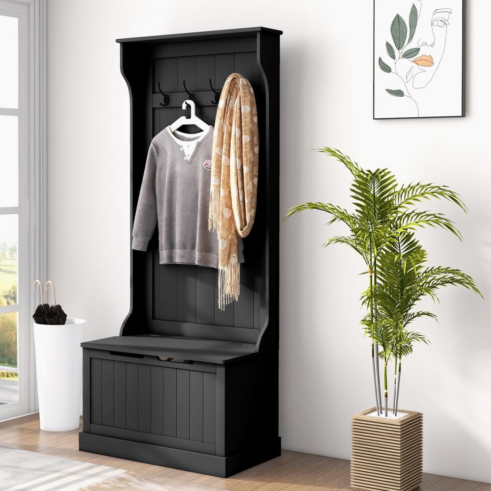 28 in. 3-In-1 Entryway Hall Tree with Storage Bench, Coat Rack with Four Hooks and Shoe Storage, Black -  HOMCOM, 837-031V80BK