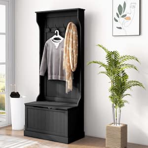 28 in. 3-In-1 Entryway Hall Tree with Storage Bench, Coat Rack with Four Hooks and Shoe Storage, Black