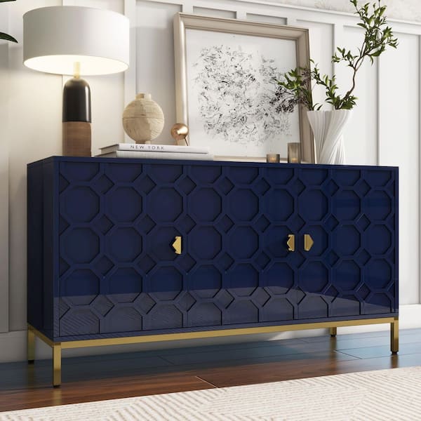 Clihome Modern Blue 26.22 in. H 3-Door Storage Cabinet with Honeycomb Pattern, Adjustable Shelves and Gold Metal Legs
