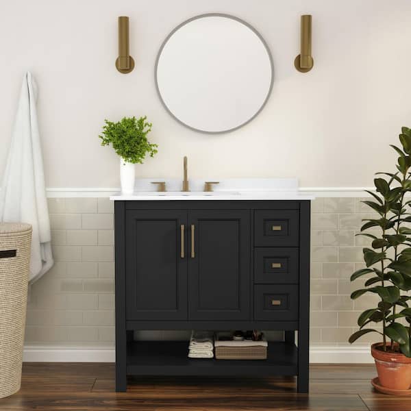Vega 36 in. Black Bathroom Vanity Sink, Storage Cabinet, Open Shelf, 3 Drawers, White Carrara Marble Finish Countertop