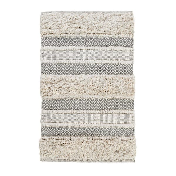 20 in. x 32 in. Woven Texture Stripe Cotton Rectangle Bath Rug for Bathroom in Grey