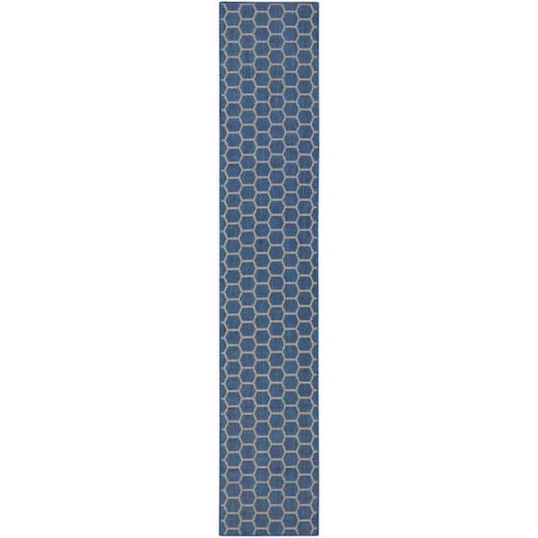 Nourison Reversible Indoor Outdoor Blue 2 ft. x 12 ft. Honeycomb Contemporary Runner Area Rug