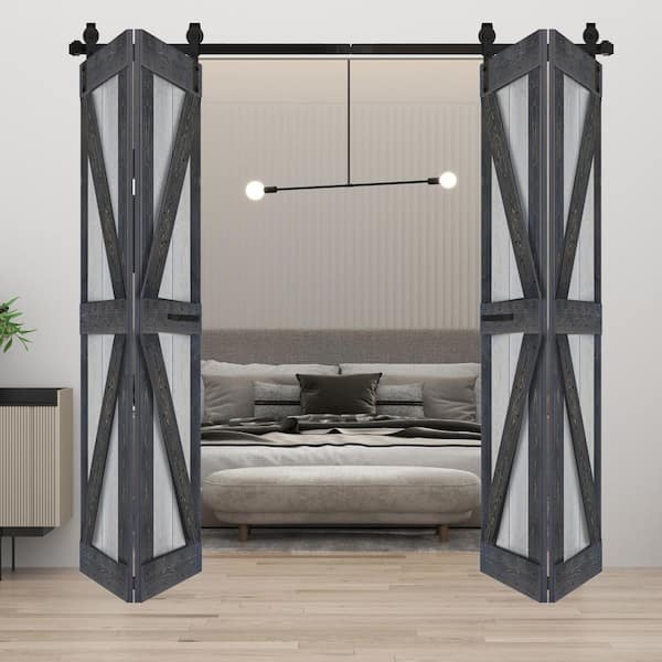 ISLIFE K Style 72 in. x 80 in. (18 in. x 80 in. x 4 Panels) French Gray/Carbon Gray Solid Core Wood Bi-Fold Door Hardware Kit