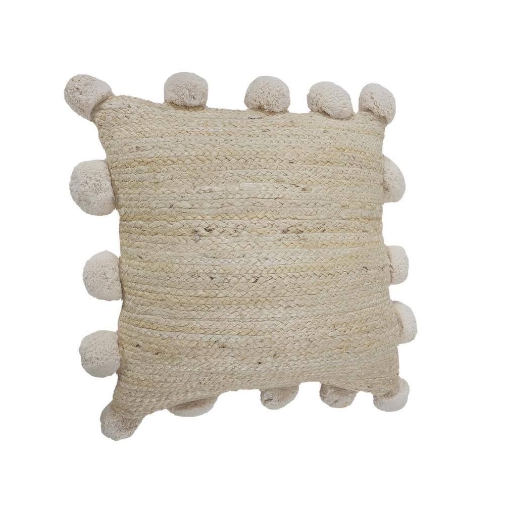 Natural Jute Square Throw Pillow with Pom Pom Border, 20" x 20"