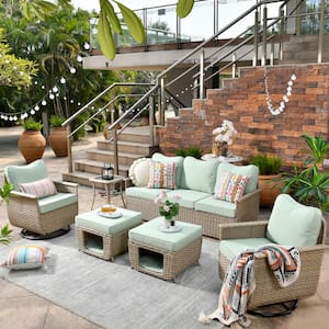 Aphrodite 6-Piece Wicker Patio Conversation Seating Sofa Set with Light Green Cushions and Swivel Rocking Chairs