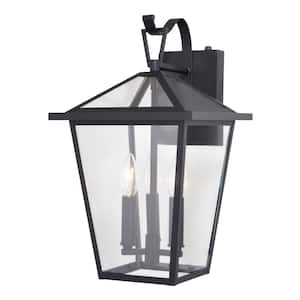 Derby 10 in. W 3-Light Dusk to Dawn Matte Black Outdoor Hardwired Wall Lantern Clear Glass Shade, LED Compatible