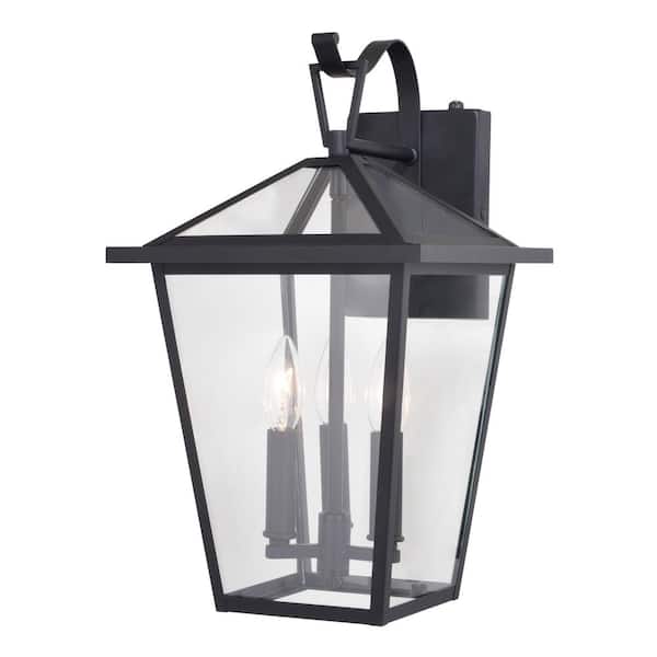 Vaxcel Derby 10 in. W 3-Light Dusk to Dawn Matte Black Outdoor Hardwired Wall Lantern Clear Glass Shade, LED Compatible