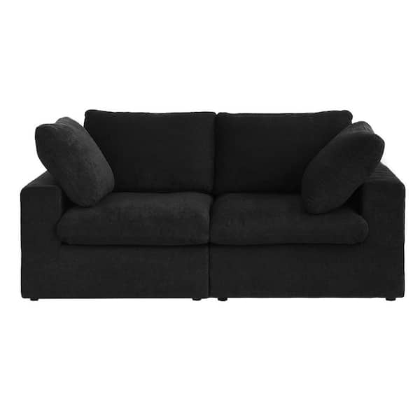 79 in. Square Arm 2-Piece Linen Modular Curved Soriana Loveseat Sectional Sofa Couch in Black