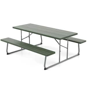 72 in. Green RecTangle Metal Folding Picnic Table Seats 8 People with Umbrella Hole, All-Weather HDPE Tabletop
