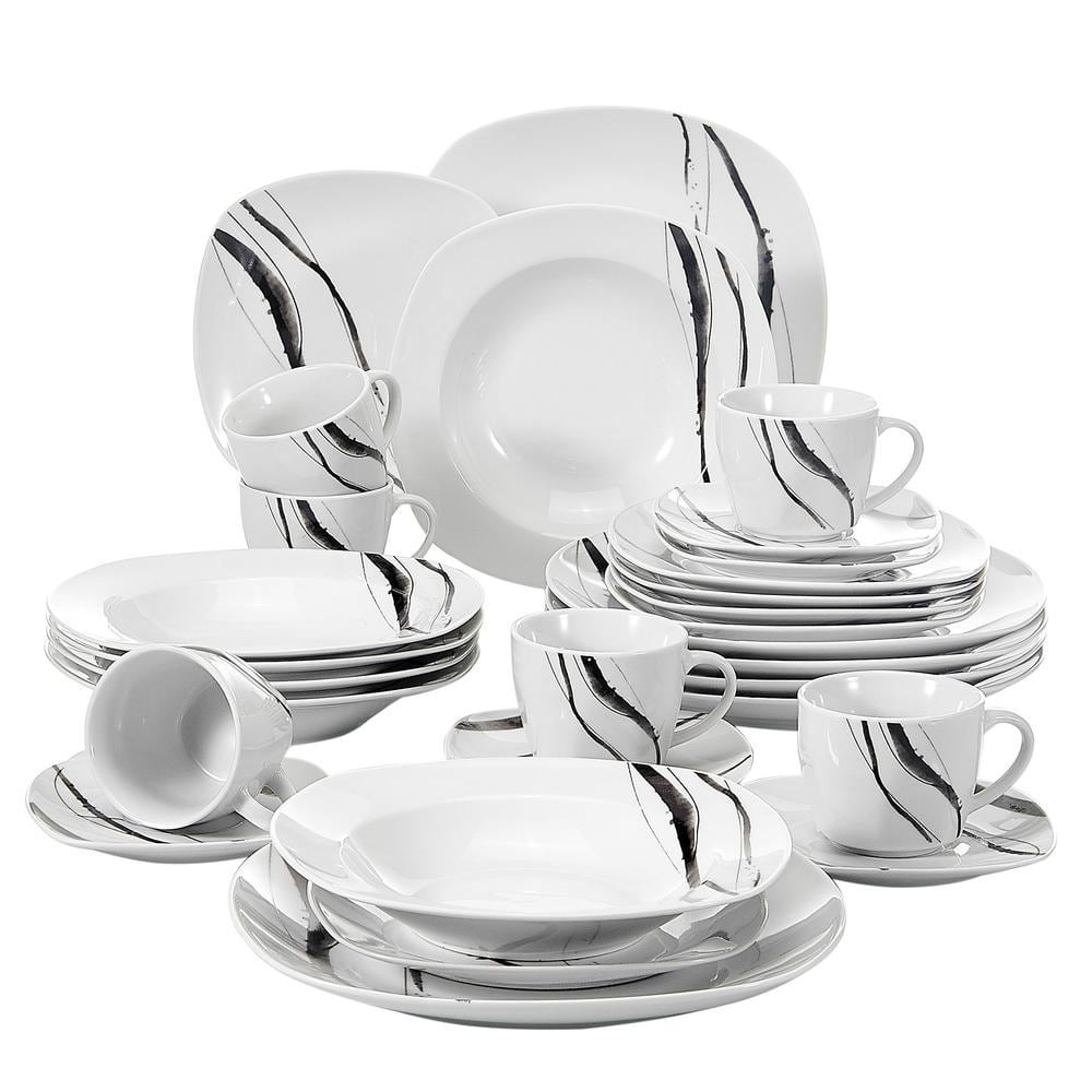 VEWEET 30-Piece Casual Ivory White with Black Lines Pattern Porcelain ...