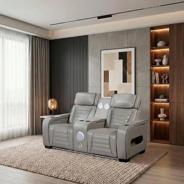 Bedos 84 in. W. Pillow Top Arm Top Grain Leather Rectangle 3-Piece Power Reclining Sofa Set in Gray
