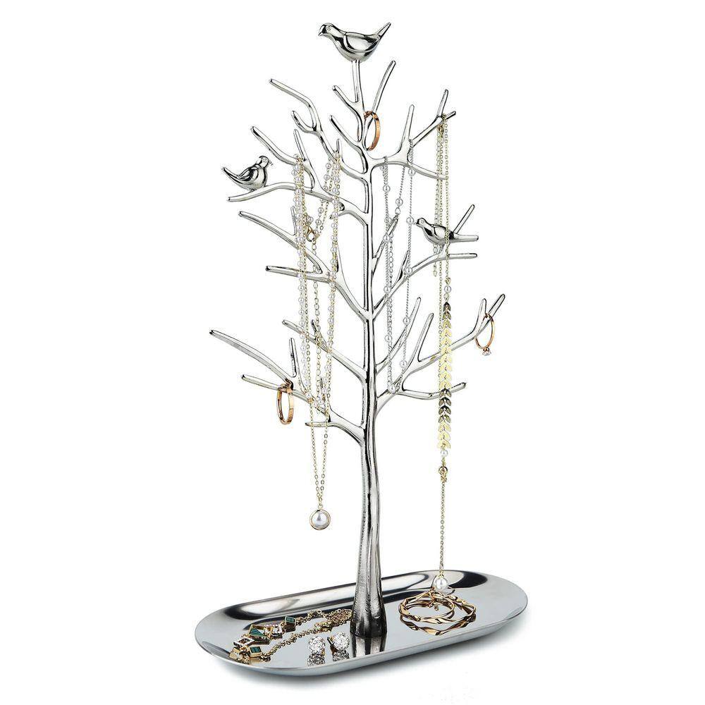 Silver Hanging Rack Angel Sar 4 in. D x 7 in. W x 11.8 in. H Branch Jewelry Rack with Wood ...