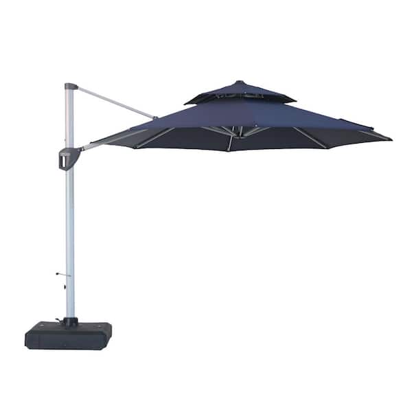 Clihome 11 ft. Navy Blue Patio Cantilever Octagonal Outdoor Umbrella with Base,Umbrella Cover, 360-Degree Rotating Foot Pedal