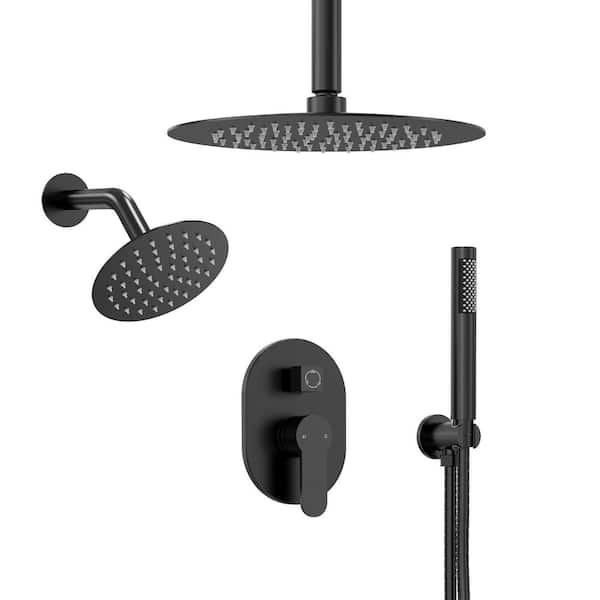 3-in-1 Dual Round Shower Heads Double Handle 3-Spray Tub and Shower Faucet 2.5 GPM in. Matte Black Valve Included