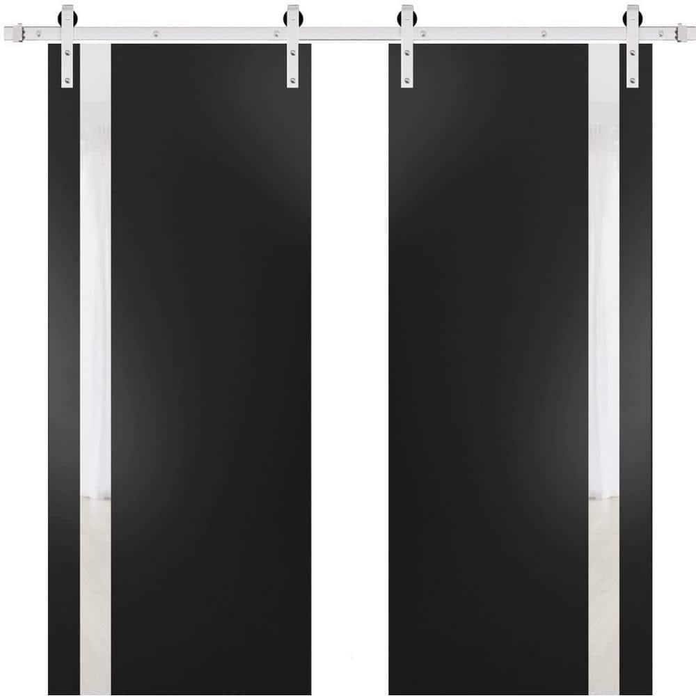 Assemble Required 32 in. x 80 in. 2-Panel Frosted Glass Black Matte Solid Wood Sliding Barn Door with Hardware Kit price history on PriceWatchPro