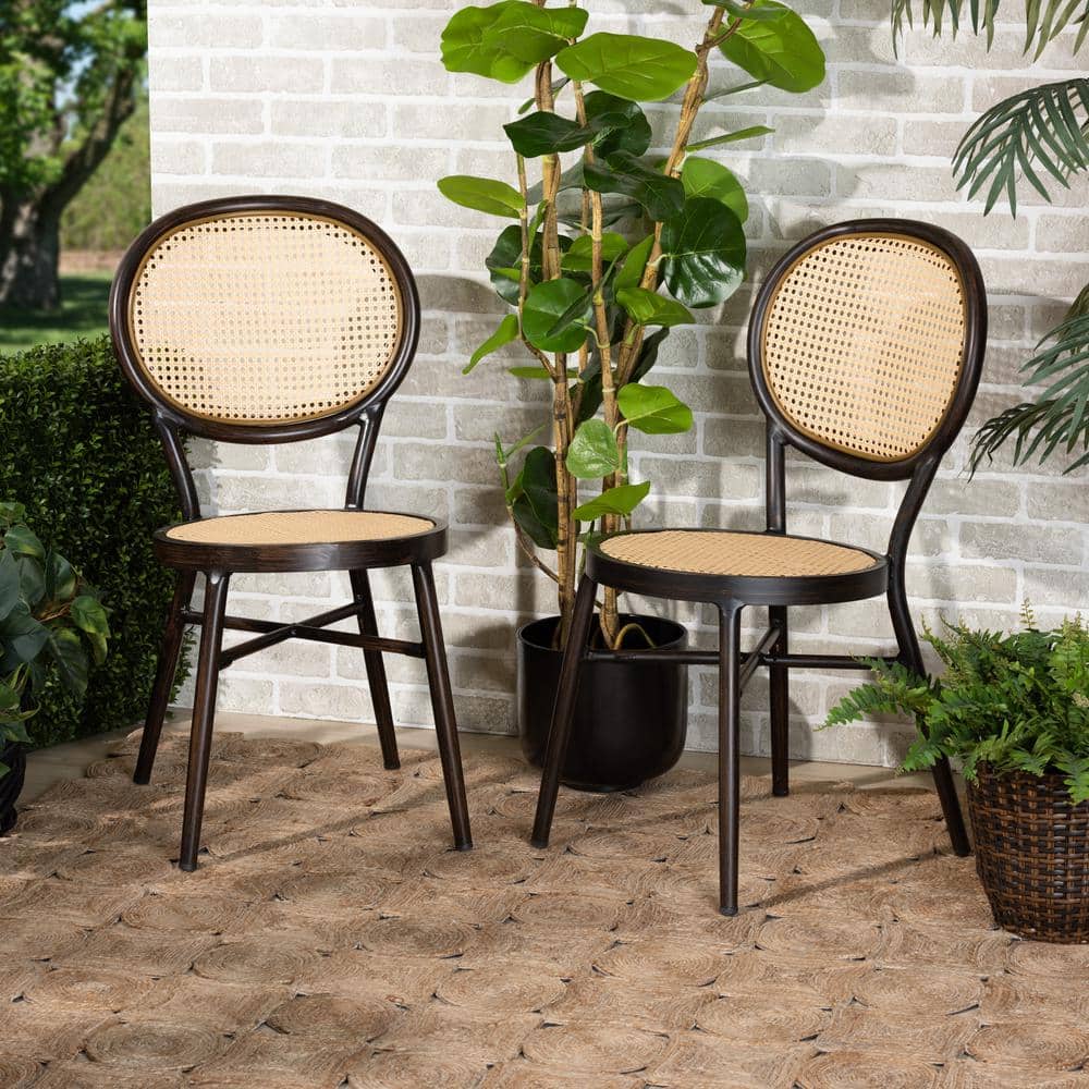 Thalia Mid-Century Modern Brown Metal and Rattan Dining Chair Set