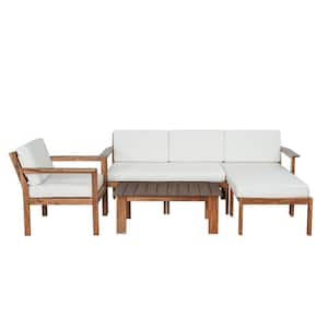 Brown Acacia Wood Outdoor Sectional Sofa Set with Beige Cushions and Table for Gardens, Backyards, Balconies (4-Piece)