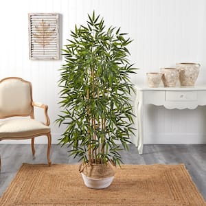 64 in. Green Bamboo Artificial Tree with Natural Bamboo Trunks in Boho Chic Handmade Cotton & Jute White Woven Planter