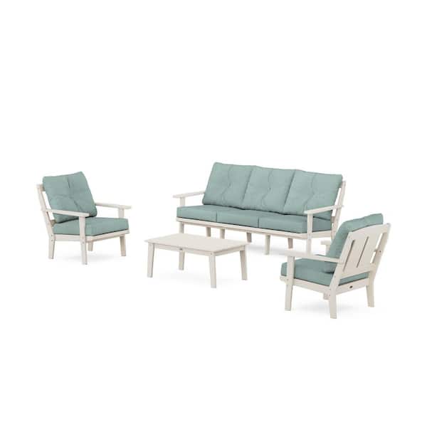 POLYWOOD Mission 4-Pcs Plastic Patio Conversation Set with Sofa in Sand/Glacier Spa Cushions