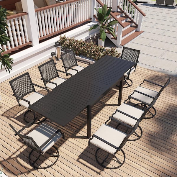 9-Piece Black Metal Patio Outdoor Dining Set with Extendable Table and Swivel Dining Chairs with Cushions