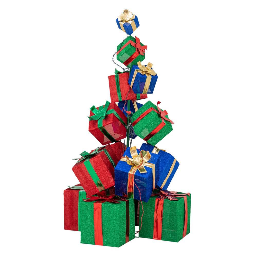 63 in. Christmas Lighted Stacked Gift Box, 3D Tinsel Santa Outdoor Garden Yard Lawn Festive Decoration with Lights price history on PriceWatchPro