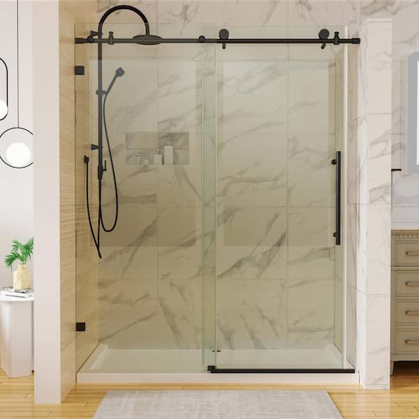 Modland Hans 60 in. W x 74 in. H Single Sliding Frameless Shower Door in Matte Black with Clear Glass