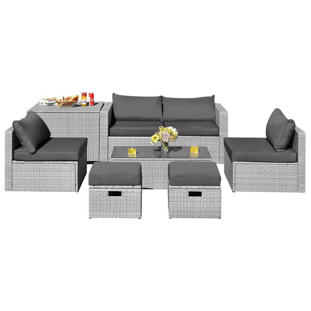 8-Piece Gray Wicker Patio Conversation Set with Cushions and Storage