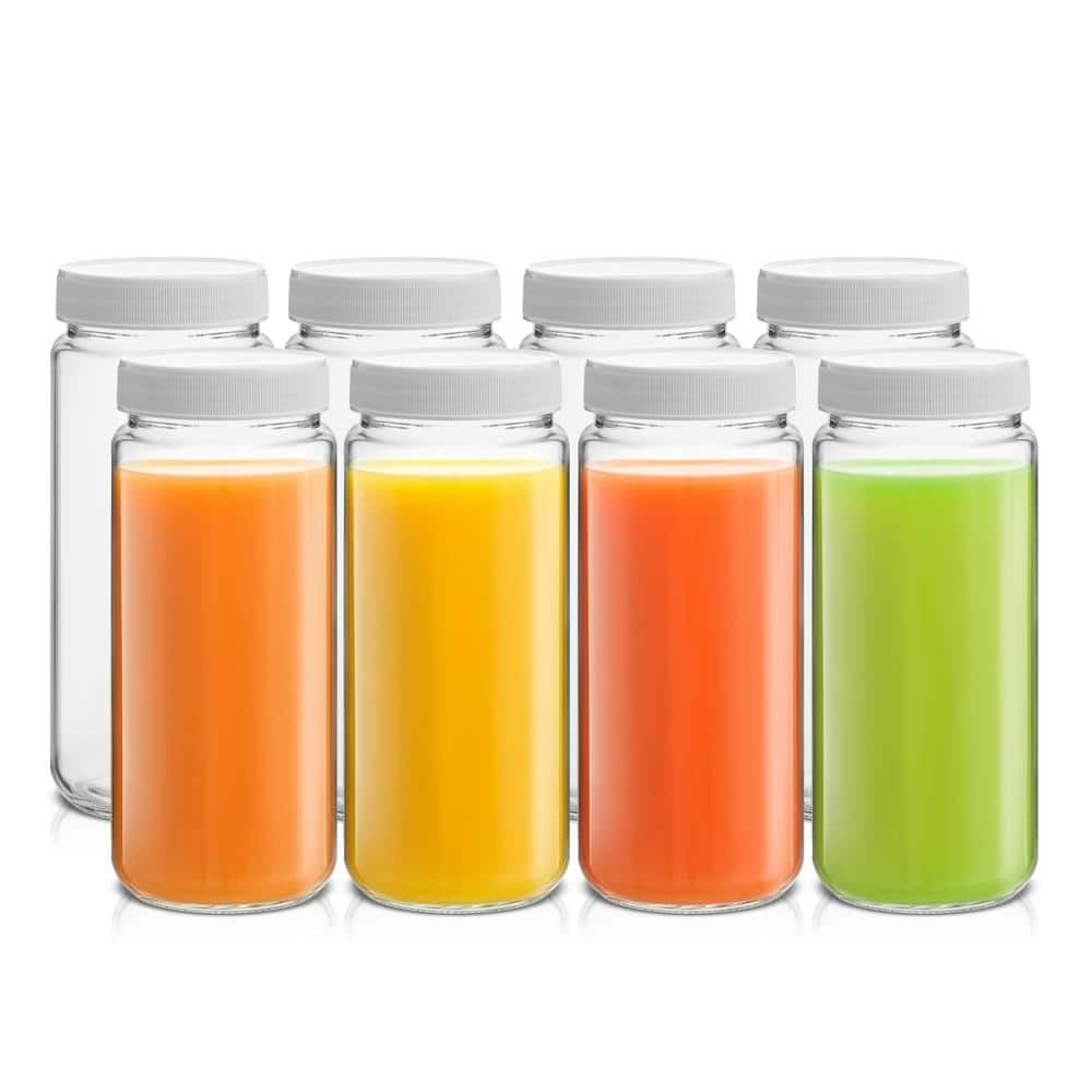 [ 8 Pack ] 16 OZ Glass Juicing Bottles w Airtight Lids & 2 Straws & 2 Lids  w Hole - Reusable Drinking Jars, Travel Water Cups - Tall Mason Jar for