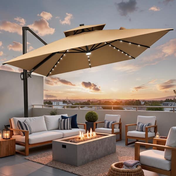 Pellebant Double Top 11 ft. x 9 ft. Rectangular 360° Rotation Solar LED Lighted Cantilever Patio Umbrella in Tan