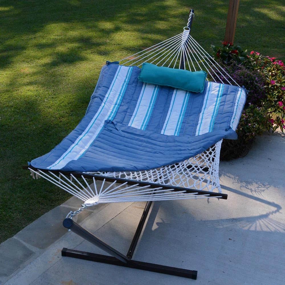 Blue Cotton Rope Hammock with Stand, Pad & Pillow