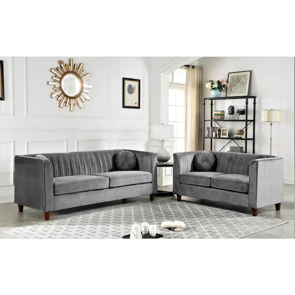 Us Pride Furniture Lowery 79 5 In Grey Velvet 3 Seater Tuxedo Sofa With Square Arms S5533 S The