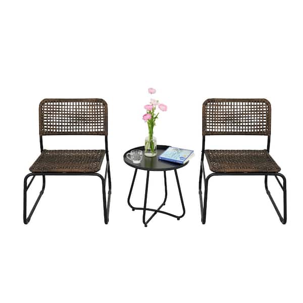 Unbranded Patio Furniture Set 3-Piece Mixture Pattern PE Rattan Steel Frame And Modern Round Table, Brown and Black