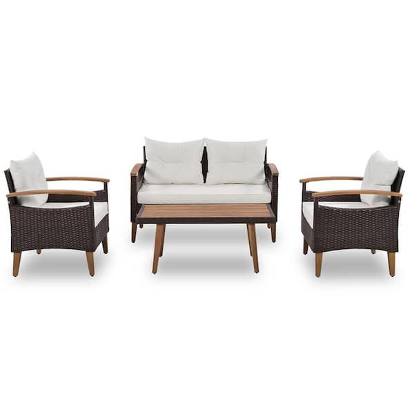Unbranded 4-Piece Brown Wicker Patio Conversation Set with Wood Table and Legs, Beige Cushions for Garden, Backyard
