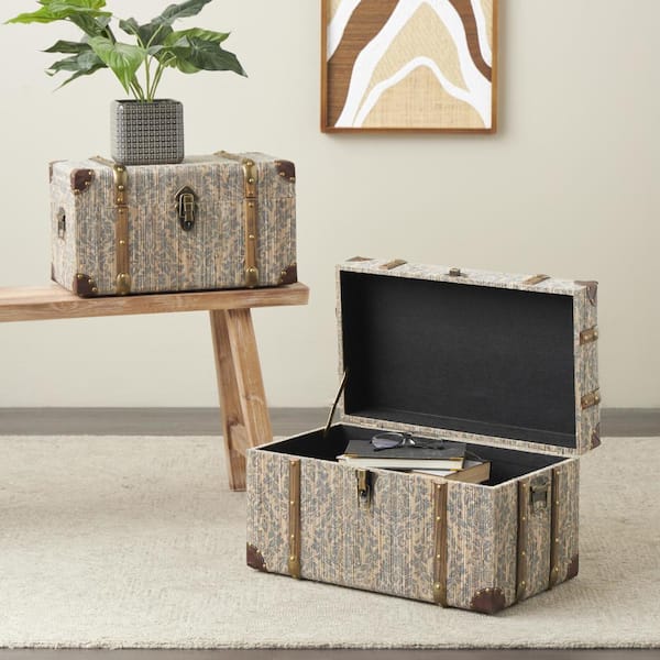 Litton Lane Set of 2 Blue Wooden Vintage Storage Trunk Floral with Brown Leather and Wood Accents and Gold Studs, 12 in. x 12 in.