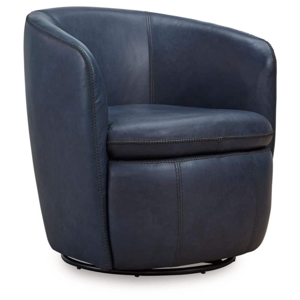 Blue Leather Barrel Back Swivel Chair